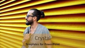  Presentation with wall street - Amazing presentation theme having travel tourism lifestyle and people concept - man in sunglasses with bag standing at city street over ribbed yellow wall background backdrop and a gold colored foreground