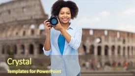  Presentation with tourism - Amazing PPT layouts having travel tourism people and photography concept - happy african american young woman with digital camera over coliseum background backdrop and a tawny brown colored foreground