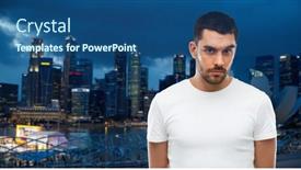  Presentation with singapore tourism - Colorful presentation theme enhanced with travel tourism people concept - young man portrait over night singapore city background backdrop and a ocean colored foreground