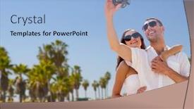  Presentation with tourism selfie - Slide deck consisting of travel tourism summer and technology concept - smiling couple in sunglasses making selfie by digital camera over venice beach background in california background and a light blue colored foreground