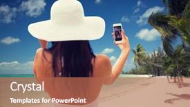  Presentation with tourism selfie - Slides with travel tourism summer technology and people concept - smiling young woman or teenage girl in sun hat taking selfie with smartphone over tropical beach with palms background background and a red colored foreground