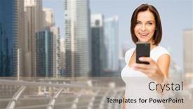  Presentation with tourism selfie - Slides featuring travel tourism summer vacation technology and people - happy young woman taking selfie picture by smartphone over dubai city waterfront background background and a coral colored foreground