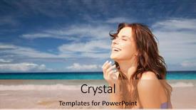  Presentation with tourism - Theme enhanced with travel tourism summer vacation and people concept - happy beautiful woman over exotic tropical beach and ocean background background and a coral colored foreground