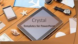  Presentation with ticket - Audience pleasing slides consisting of travel tourism technology and objects concept - close up of smartphone with tablet pc computer airplane ticket and personal stuff backdrop and a coral colored foreground