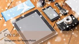  Presentation with ticket - Beautiful slides featuring travel tourism technology and objects concept - close up of smartphone with tablet pc computer airplane ticket and personal stuff backdrop and a coral colored foreground