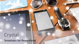  Presentation with ticket - Audience pleasing presentation theme consisting of travel tourism technology and objects concept - close up of smartphone with tablet pc computer airplane ticket and personal stuff backdrop and a light gray colored foreground