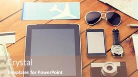  Presentation with tourism - Beautiful presentation featuring travel tourism technology and objects concept - close up of smartphone with tablet pc computer airplane ticket and personal stuff backdrop and a coral colored foreground