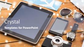  Presentation with ticket - PPT theme featuring travel tourism technology and winter holidays concept - smartphone with tablet pc computer airplane ticket and personal stuff over snow background and a gray colored foreground