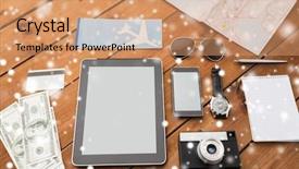  Presentation with ticket - PPT theme with travel tourism technology and winter holidays concept - smartphone with tablet pc computer airplane ticket and personal stuff over snow background and a coral colored foreground