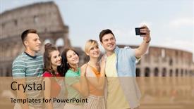  Presentation with tourism selfie - Presentation consisting of travel tourism and technology concept background and a coral colored foreground