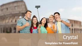  Presentation with tourism selfie - PPT layouts consisting of travel tourism and technology concept background and a coral colored foreground