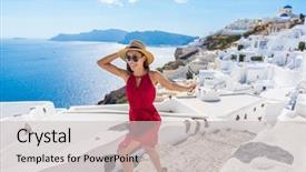  Presentation with greek islands - PPT theme enhanced with travel tourist happy woman running background and a light gray colored foreground