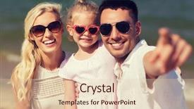  Presentation with adoption - Presentation design consisting of travel vacation adoption and people concept - happy family with little girl in sunglasses pointing finger on summer beach background and a lemonade colored foreground