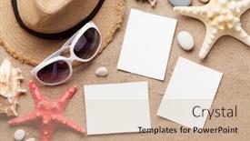  Presentation with space travel - Cool new presentation theme with travel vacation concept with hat sunglasses seashells and photo frames on sand backdrop top view with copy space flat lay backdrop and a soft green colored foreground