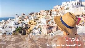  Presentation with holiday destination - PPT theme consisting of travel-vacation-greece-santorini-woman background and a coral colored foreground