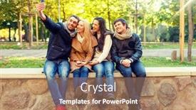  Presentation with travel friends - Slide deck with travel vacation people technology and friendship concept - group of smiling friends making self portrait with smartphones in city park background and a coral colored foreground