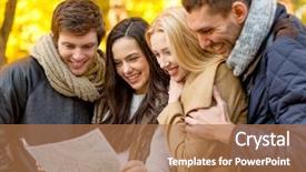  Presentation with travel friends - Presentation theme featuring travel vacation people tourism and friendship concept - group of smiling friends looking to map in city park background and a coral colored foreground
