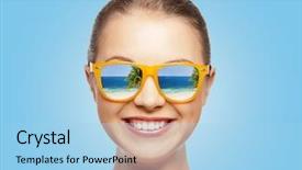  Presentation with people reflection - Amazing PPT layouts having travel vacation summer holidays and happy people concept - portrait of happy teenage girl in sunglasses with beach reflection backdrop and a light blue colored foreground