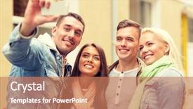  Presentation with travel friends - Colorful slide deck enhanced with travel vacation technology and friendship concept - group of smiling friends making selfie with smartphone camera outdoors backdrop and a coral colored foreground