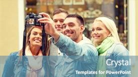  Presentation with travel friends - Audience pleasing theme consisting of travel vacation technology and friendship concept - group of smiling friends making selfie with digital camera outdoors backdrop and a teal colored foreground