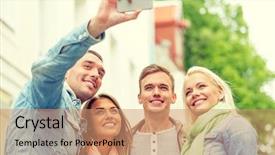  Presentation with travel friends - Amazing PPT layouts having travel vacation technology and friendship concept - group of smiling friends making selfie with smartphone camera outdoors backdrop and a coral colored foreground