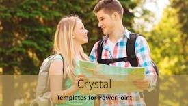  Presentation with tourism - Presentation enhanced with travel vacation tourism and friendship concept - smiling couple with map and backpacks looking at each other in forest background and a yellow colored foreground