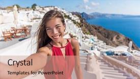  Presentation with greek islands - Cool new slides with travel vacation tourist selfie woman backdrop and a coral colored foreground