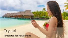  Presentation with polynesia - PPT layouts featuring travel-vacation-woman-using-smartphone background and a lemonade colored foreground