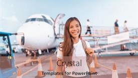  Presentation with business travel - Slides featuring travel-woman-arriving-at-destination background and a coral colored foreground