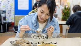  Presentation with travel - PPT theme having travel-woman-enjoy-taiwanese-cuisine background and a coral colored foreground