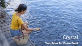  Presentation with fish pond - Presentation theme enhanced with travel-woman-feed-the-carp background and a ocean colored foreground