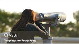  Presentation with binocular - Amazing PPT layouts having travel-woman-look-tough backdrop and a dark gray colored foreground