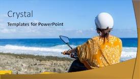  Presentation with motor - Presentation theme with travel-woman-ride-a-motor background and a light blue colored foreground