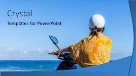  Presentation with motor - Presentation design enhanced with travel-woman-ride-a-motor background and a light blue colored foreground