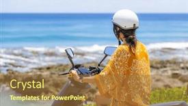  Presentation with motor - PPT theme with travel-woman-ride-a-motor background and a tawny brown colored foreground
