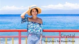  Presentation with time travel - PPT layouts with travel-woman-smile background and a light blue colored foreground