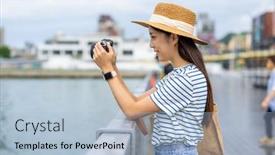  Presentation with take - Slides with travel-woman-take-phot background and a light blue colored foreground