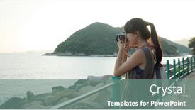  Presentation with take - Slide deck featuring travel-woman-take-photo background and a seafoam green colored foreground