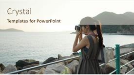  Presentation with take - Presentation theme having travel-woman-take-photo background and a cream colored foreground