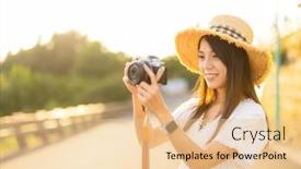  Presentation with take - PPT theme featuring travel-woman-use-camera background and a  colored foreground