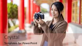  Presentation with chinese temple - Presentation theme featuring travel-woman-use-digital-camera background and a coral colored foreground