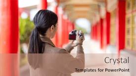  Presentation with chinese temple - PPT theme enhanced with travel-woman-use-digital-camera background and a coral colored foreground
