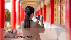  Presentation with chinese temple - PPT theme featuring travel-woman-use-digital-camera background and a coral colored foreground