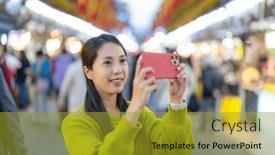  Presentation with mobile use - Slide set with travel-woman-use-mobile-phone background and a gold colored foreground