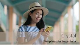  Presentation with find - PPT theme with travel-woman-use-of-mobile background and a mint green colored foreground