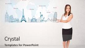  Presentation with business travel - Amazing slide set having travel world - business woman presenting map backdrop and a sky blue colored foreground