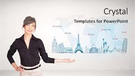  Presentation with business road map - Cool new slide deck with travel world - business woman presenting map backdrop and a sky blue colored foreground