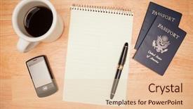  Presentation with writing pen - Slides having travel writing - overhead pad pen passports coffee background and a lemonade colored foreground