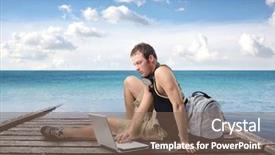  Presentation with young - Amazing slides having travel writing - young man sitting backdrop and a violet colored foreground