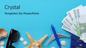  Presentation with accessories - Colorful slide set enhanced with traveling car plane - traveler accessories on blue background backdrop and a cyan colored foreground